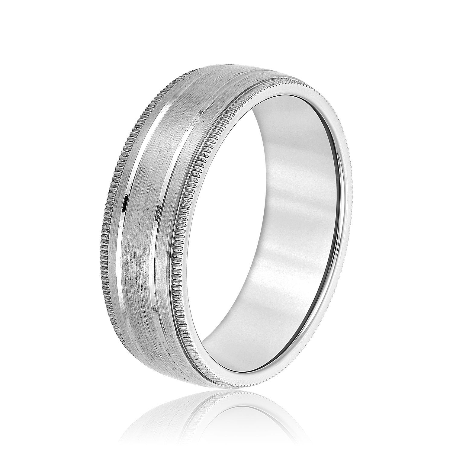 Fancy Brushed Men's Wedding Band with Double Line and Milgrain Edges-VIRABYANI